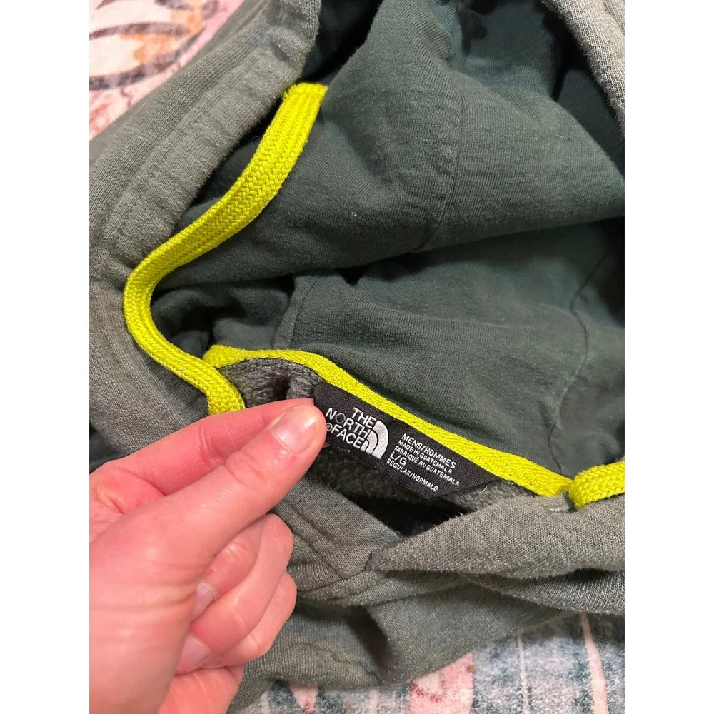 The North Face Mens Large Olive Green Graphic Logo Hoodie Neon Yellow Drawstring